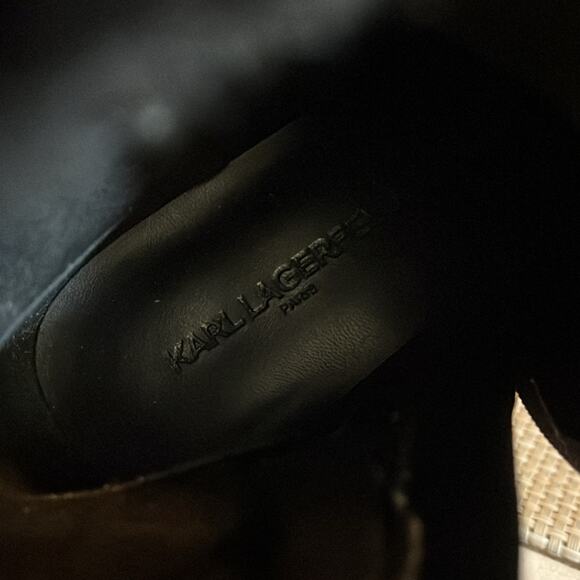 KARL LAGERFELD PARIS Carey Logo Booties Faux Fur Trim Chunky Lug Sole Heel 7.5M - Picture 12 of 15